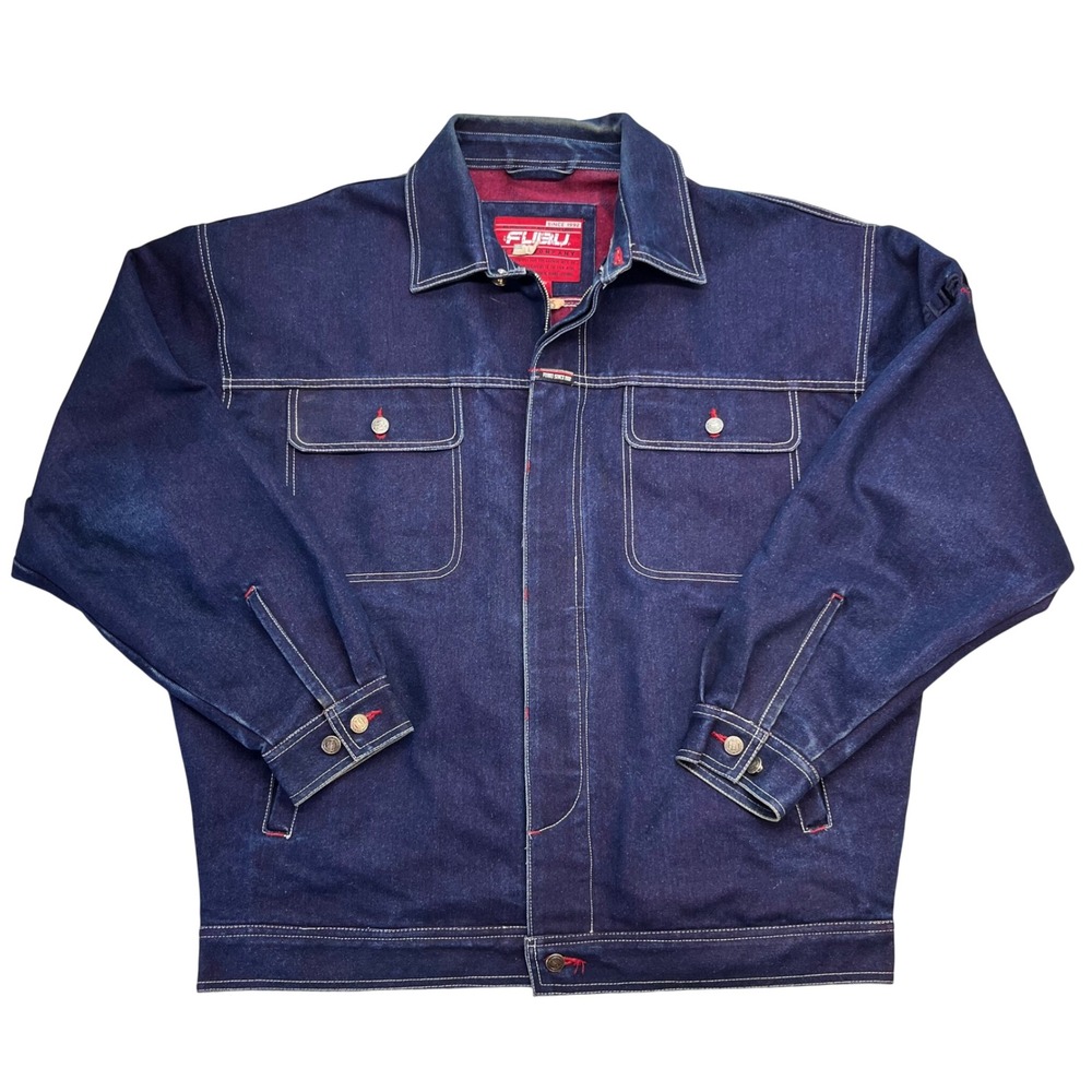 FUBU Jeans Company Mens XXL Blue Denim Jacket Vintage Streetwear Red Lining